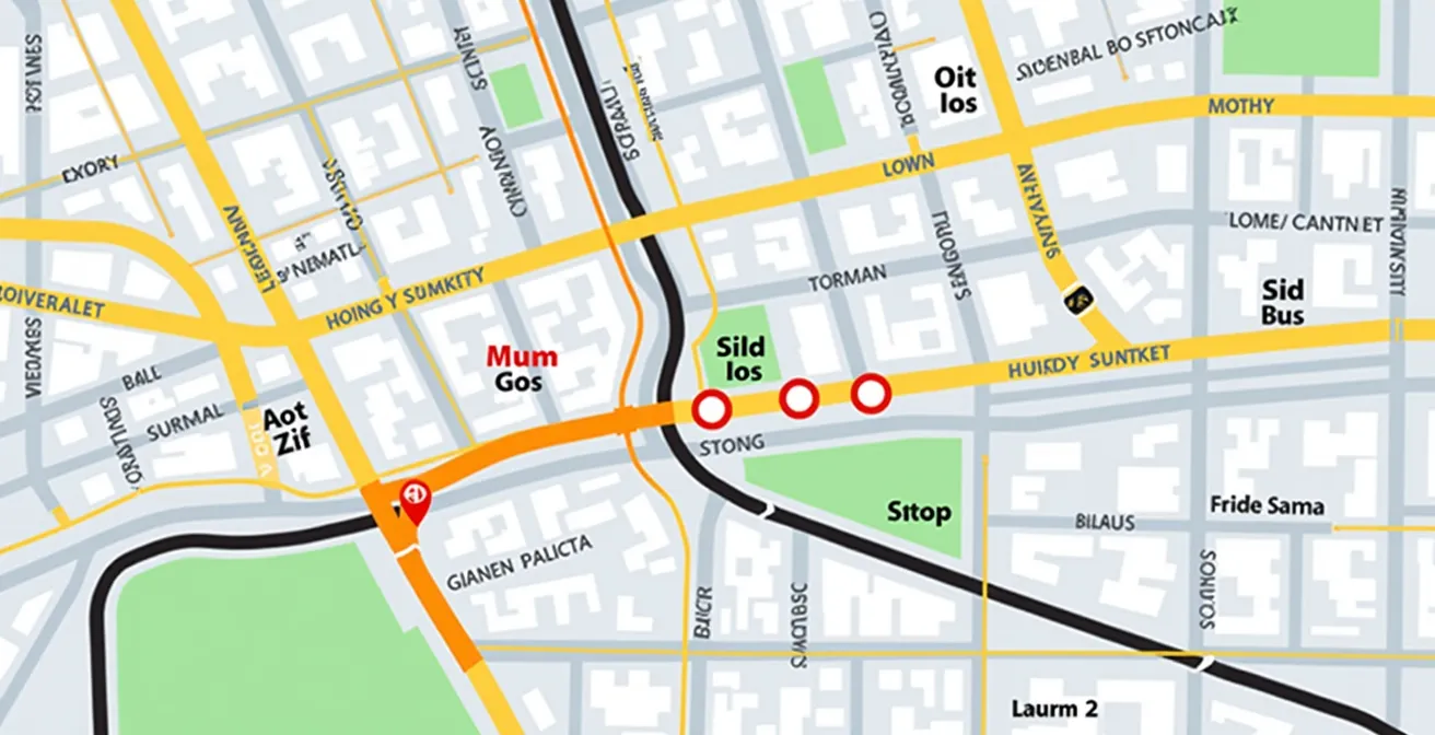 Conceptual city map with color-coded hop-on hop-off bus routes and key stops highlighted