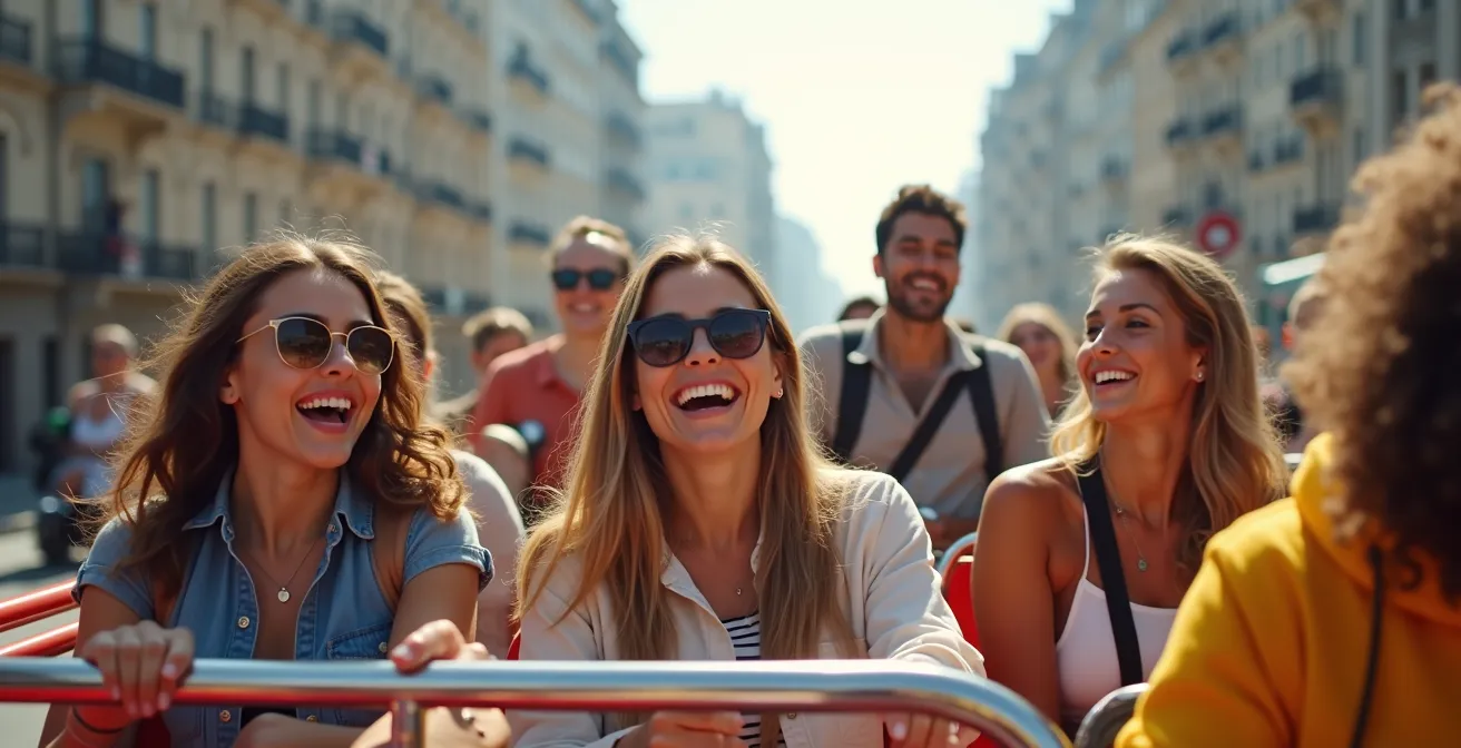 Smiling diverse group of first-time hop-on hop-off bus tourists looking at city landmarks