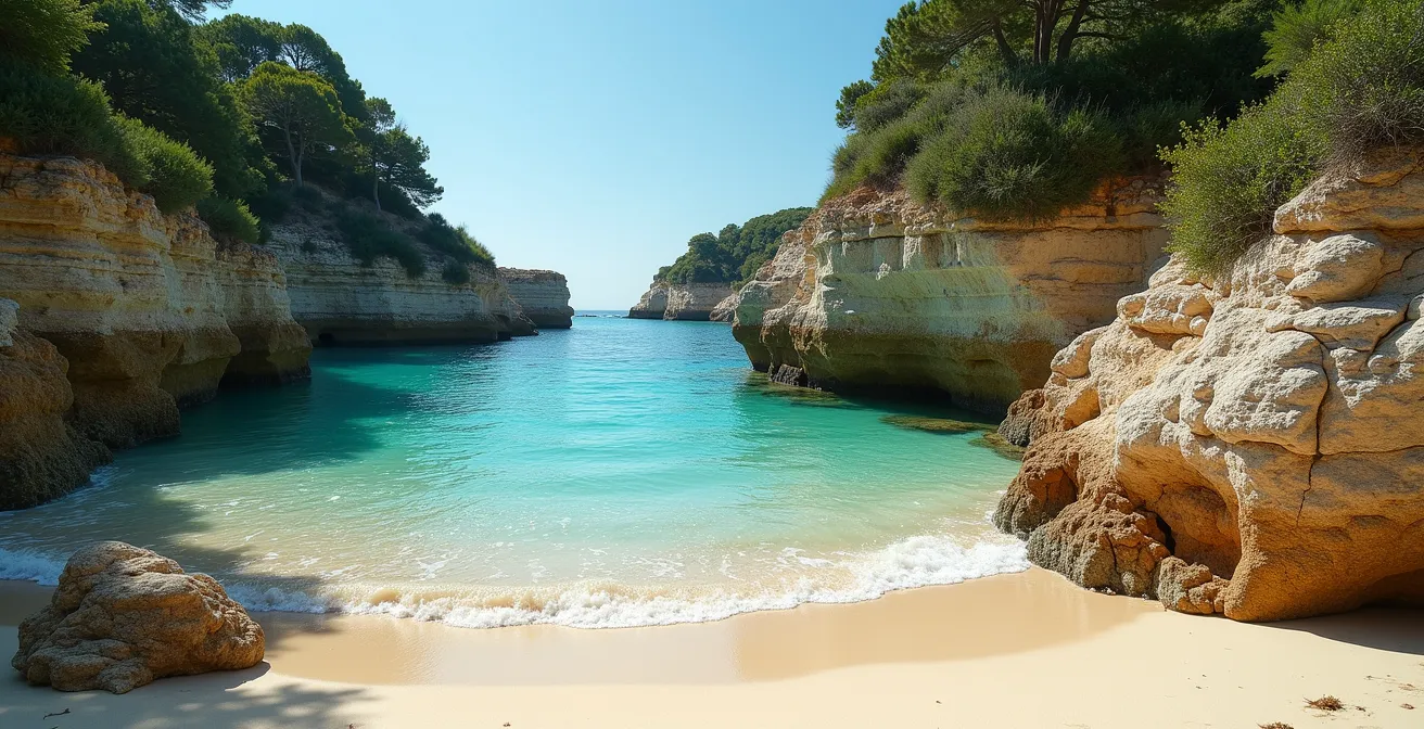 Quiet secluded cove along Île de Ré coastline with clear turquoise water