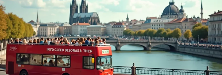 Open-top double-decker bus with panoramic views of iconic European city landmarks