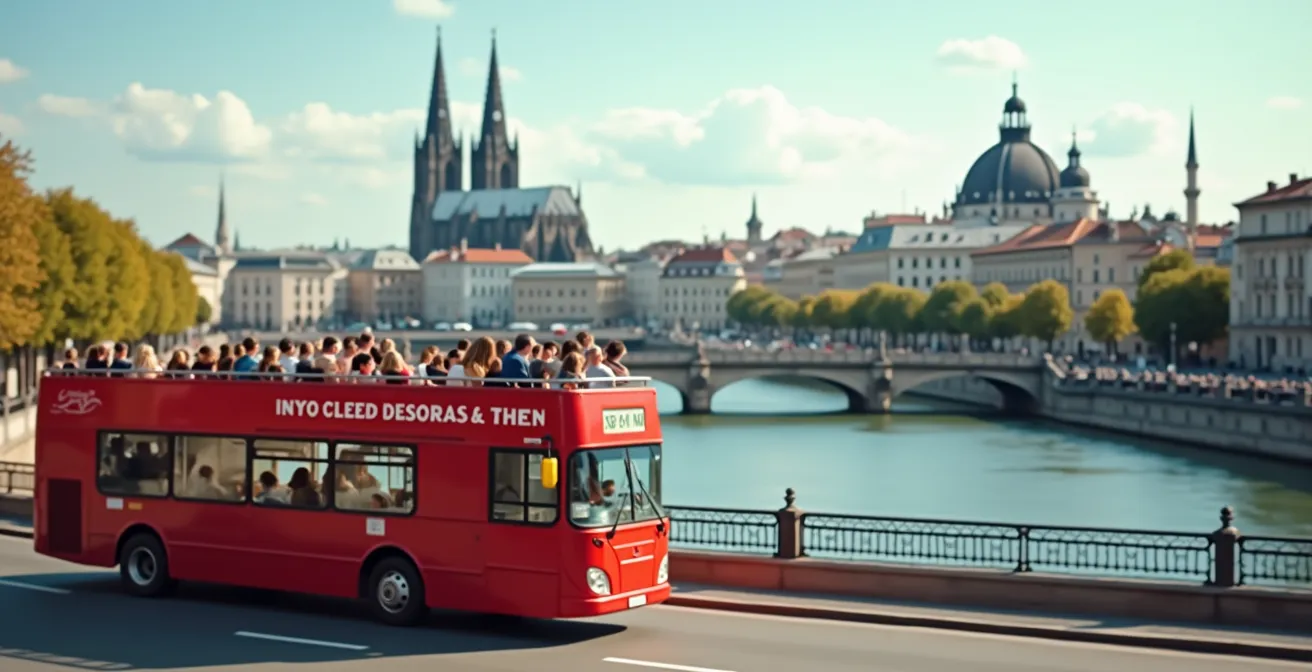 Open-top double-decker bus with panoramic views of iconic European city landmarks