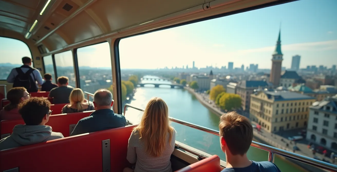 Panoramic view of cityscape from upper deck of a hop-on hop-off bus