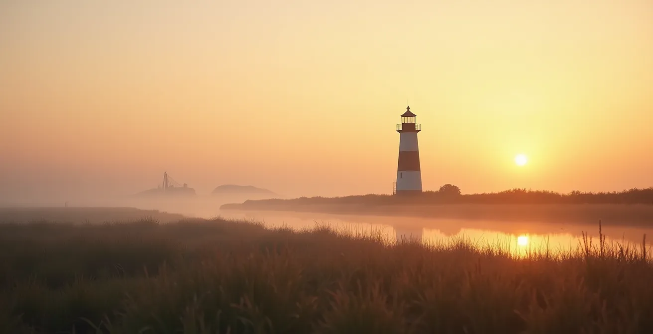 Peaceful view of Ars-en-Ré salt marshes with lighthouse in the distance
