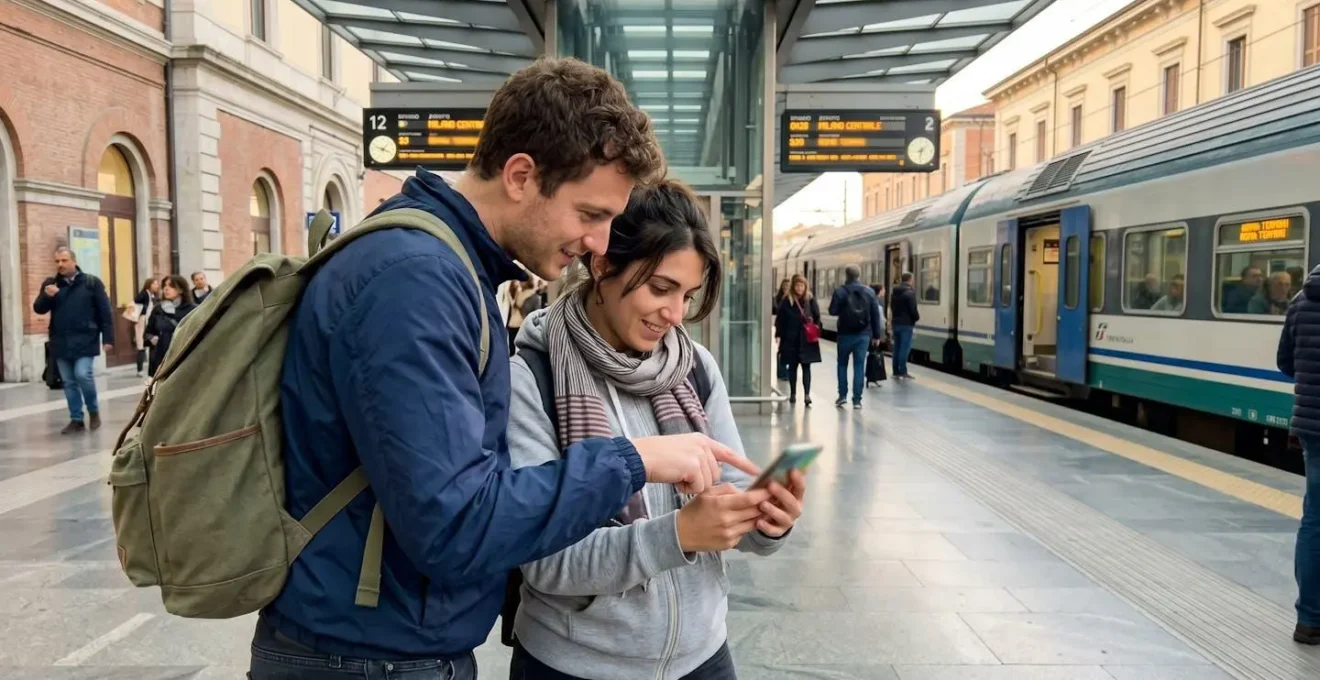 Two tourists standing at an outdoor Italian train platform reviewing a navigation app on a smartphone, with historic Florence architecture visible in the background