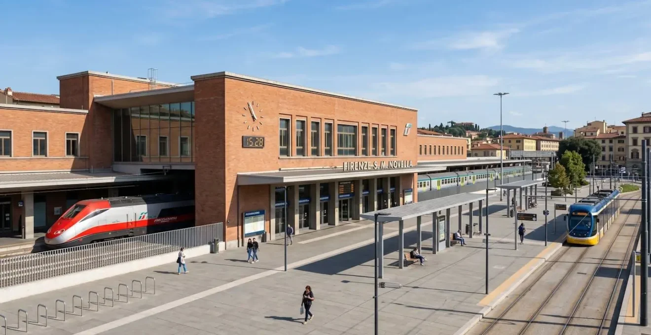 Wide angle architectural shot of Florence Santa Maria Novella train station exterior showing modern European infrastructure with clean contemporary lines and natural daylight