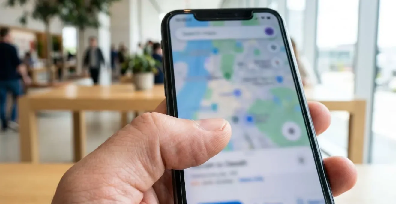 Extreme close-up of a hand holding a smartphone displaying a travel app interface with map and tracking features, shot with shallow depth of field and blurred background