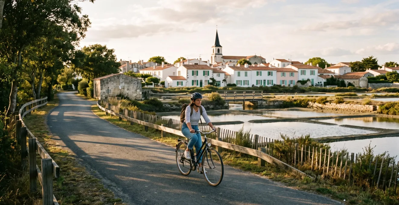 A cyclist rides a bike path between whitewashed houses and salt marshes on Île de Ré.