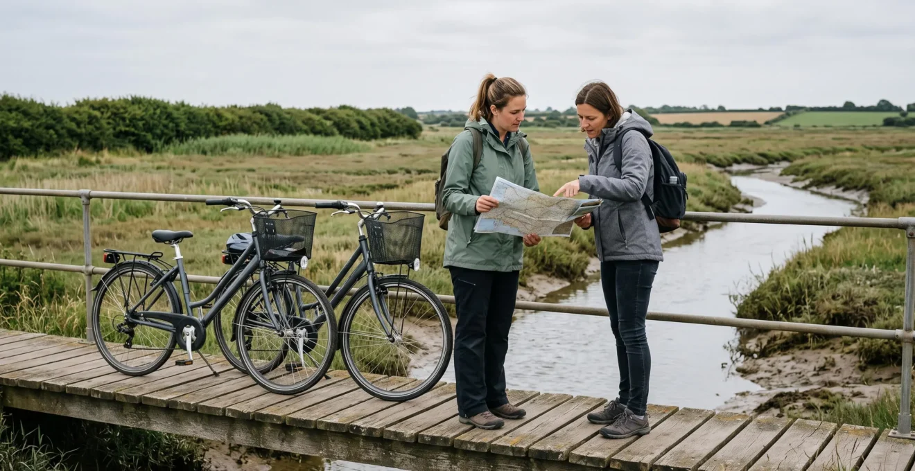 Two cyclists on bicycles study a paper map on a wooden footbridge by a channel.