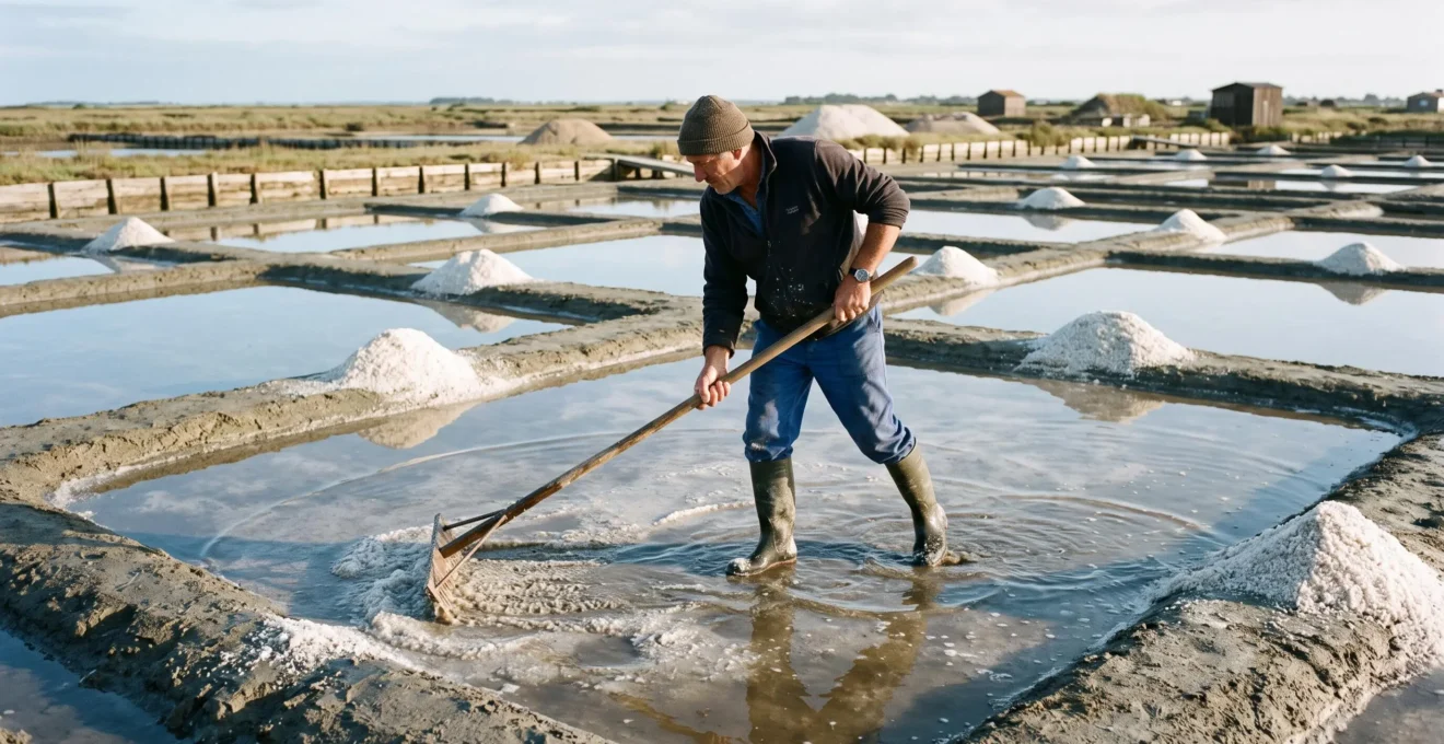 A salt worker rakes salt in a shallow evaporating pan of the marshes.